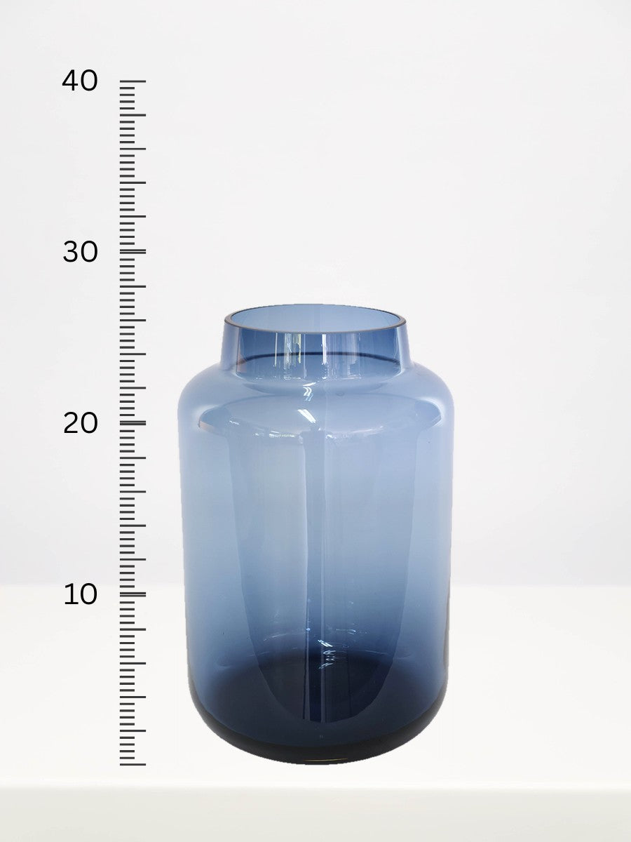 Bermuda Blue Vase - 26cm next to a centimetre ruler showing its height