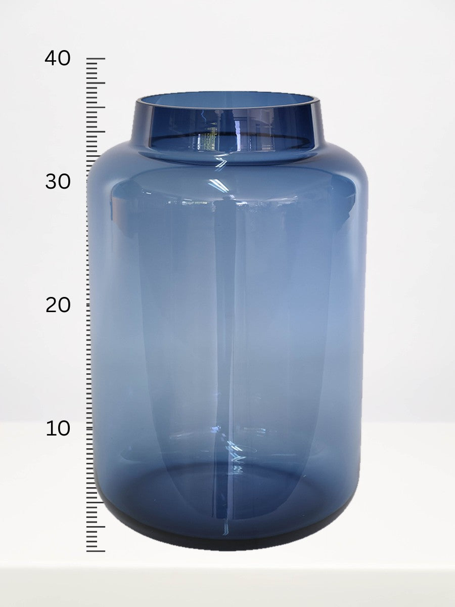 Bermuda Blue Vase - 36cm next to a centimetre ruler showing its height