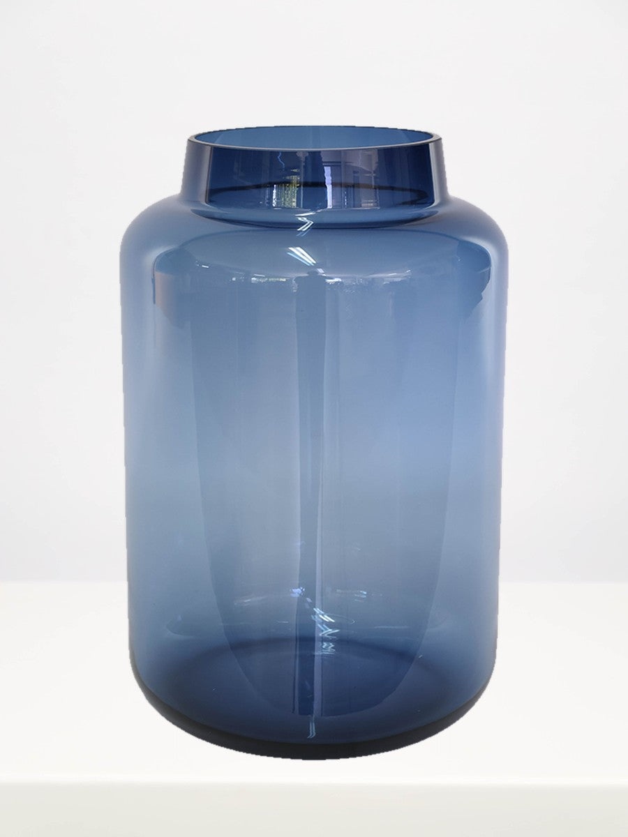 Bermuda Blue Vase - 36cm on a white table against a soft grey wall