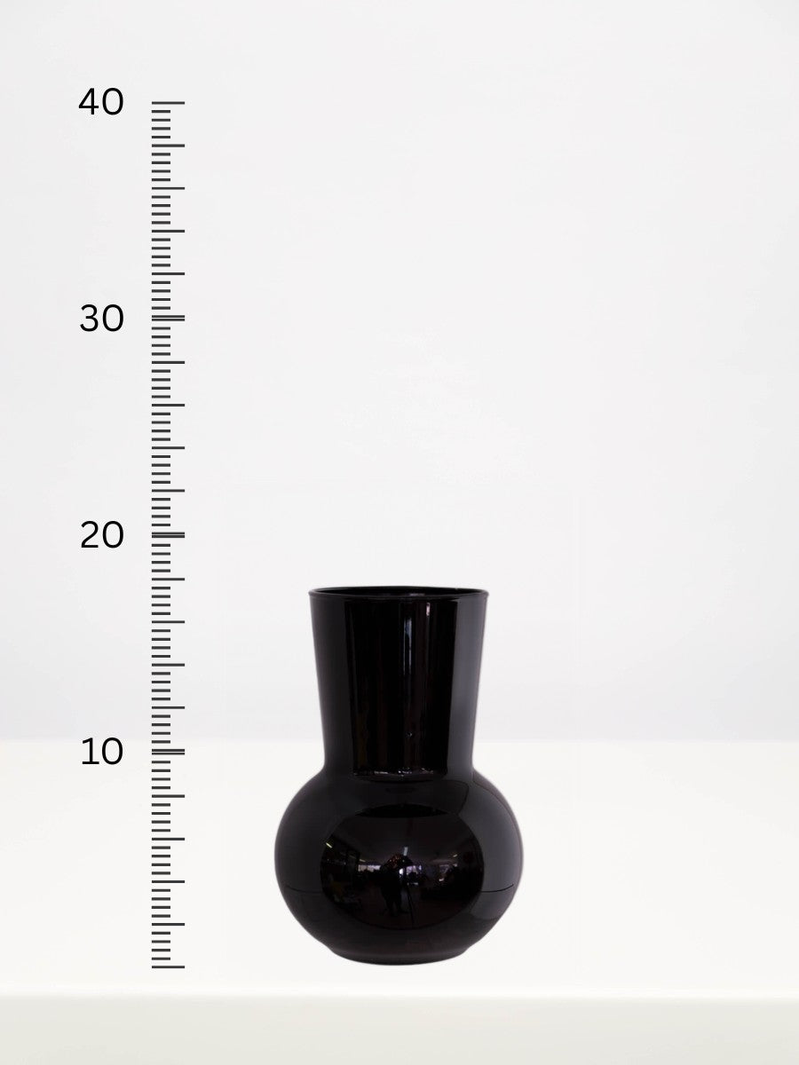 Black Adele Mini Vase - 17cm next to a centimetre ruler showing its height