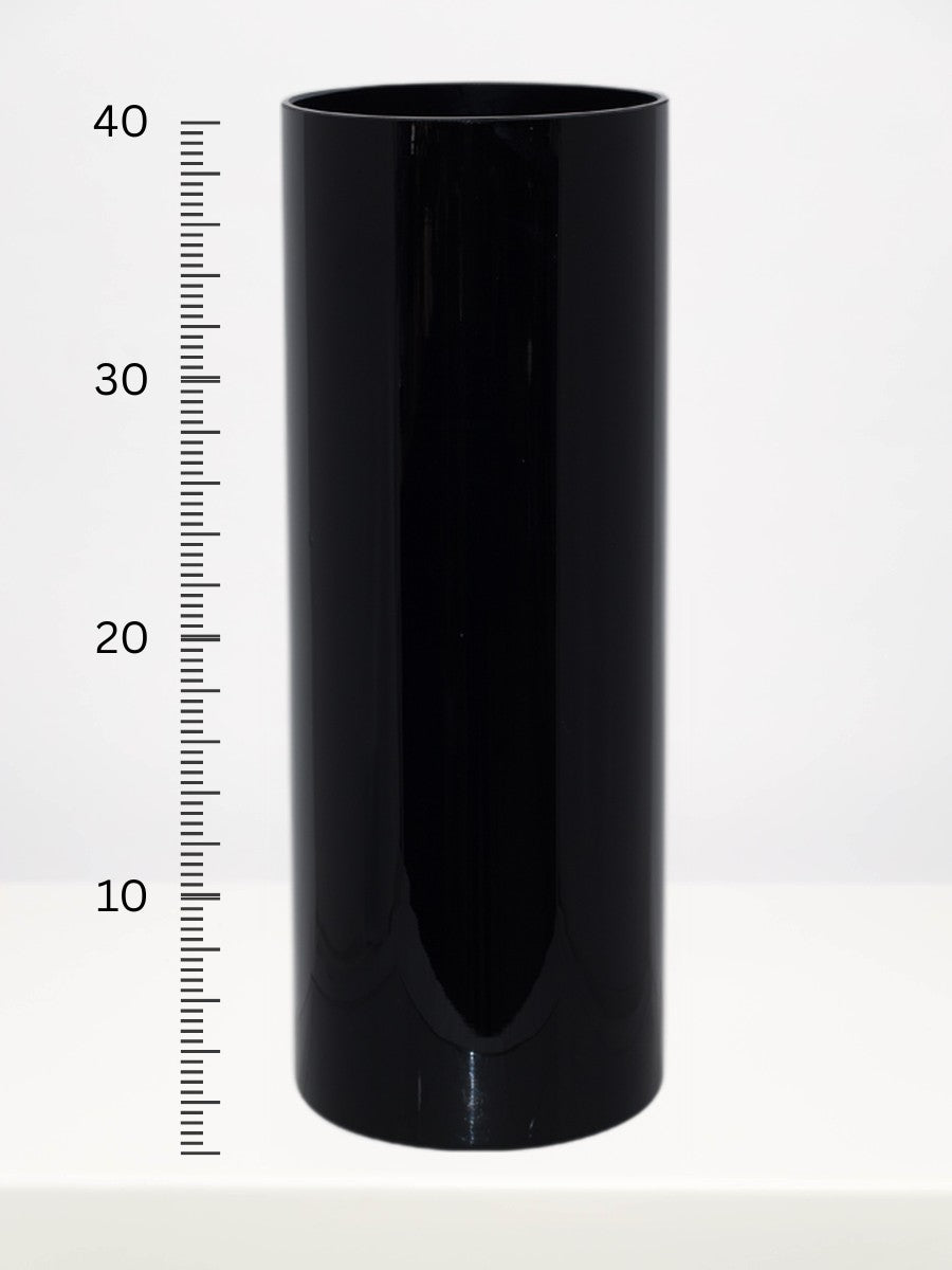 Black Cylinder Vase - 40cm next to a centimetre ruler showing its height