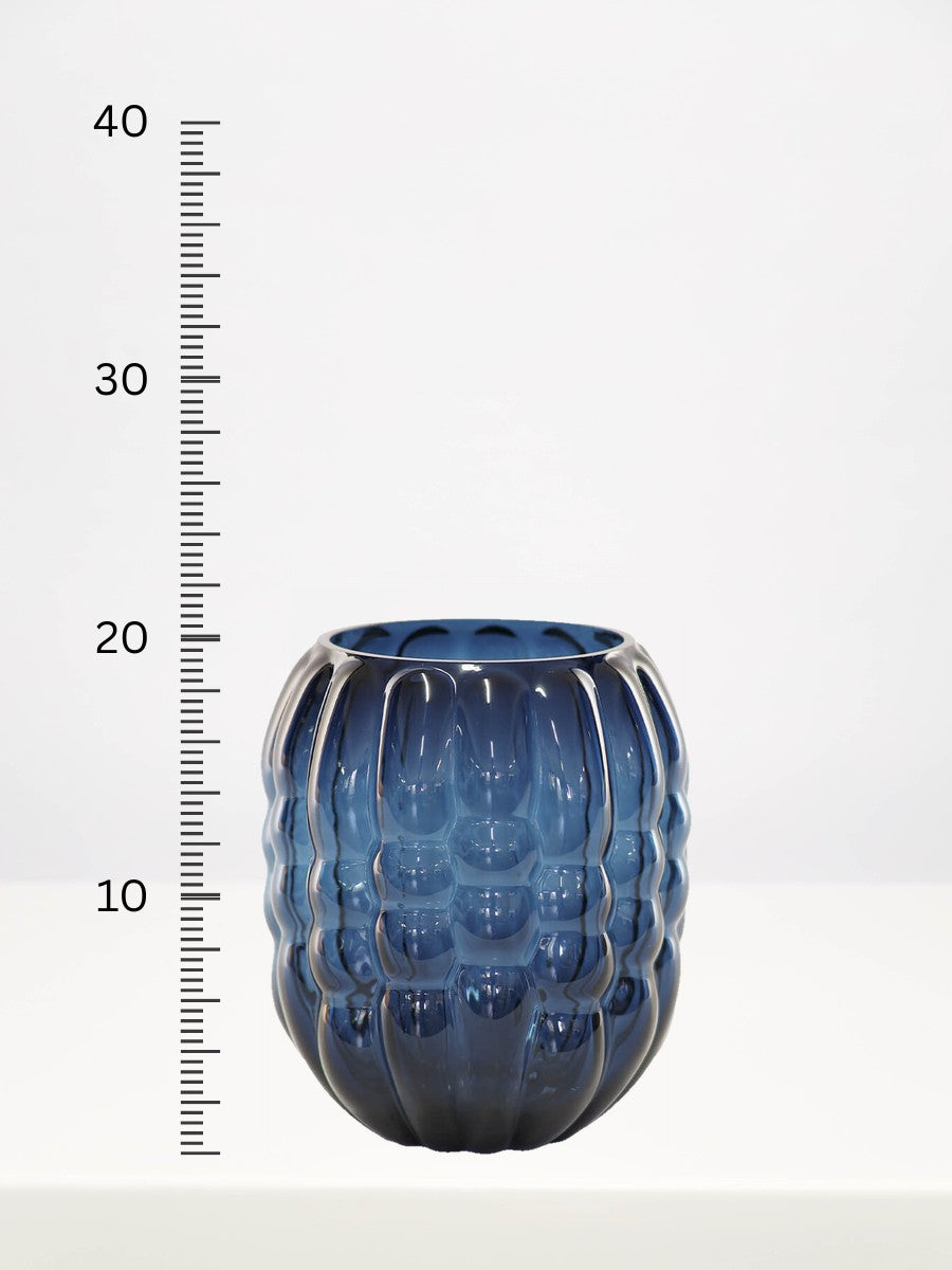 Blue Duro Vase - 20cm next to a centimetre ruler showing its height