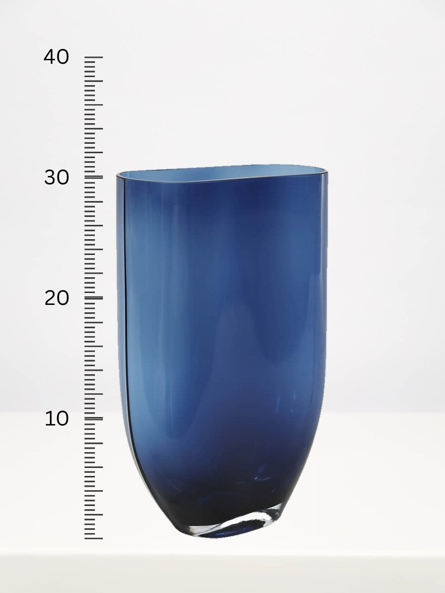 Blue Oval Vase - 30cm next to a centimetre ruler showing its height