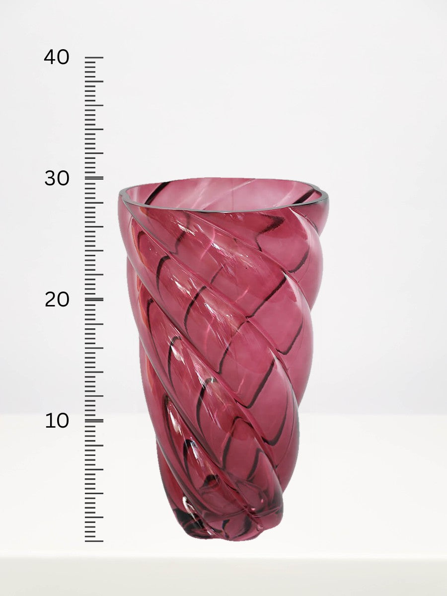 Cranberry Vase - 29cm next to a centimetre ruler showing its height