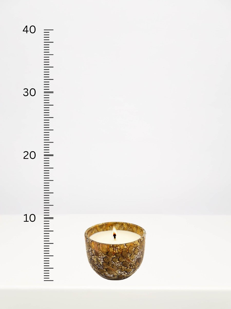 Fidrio - Gold Midnight Velvet Candle - Small next to a centimetre ruler showing its height