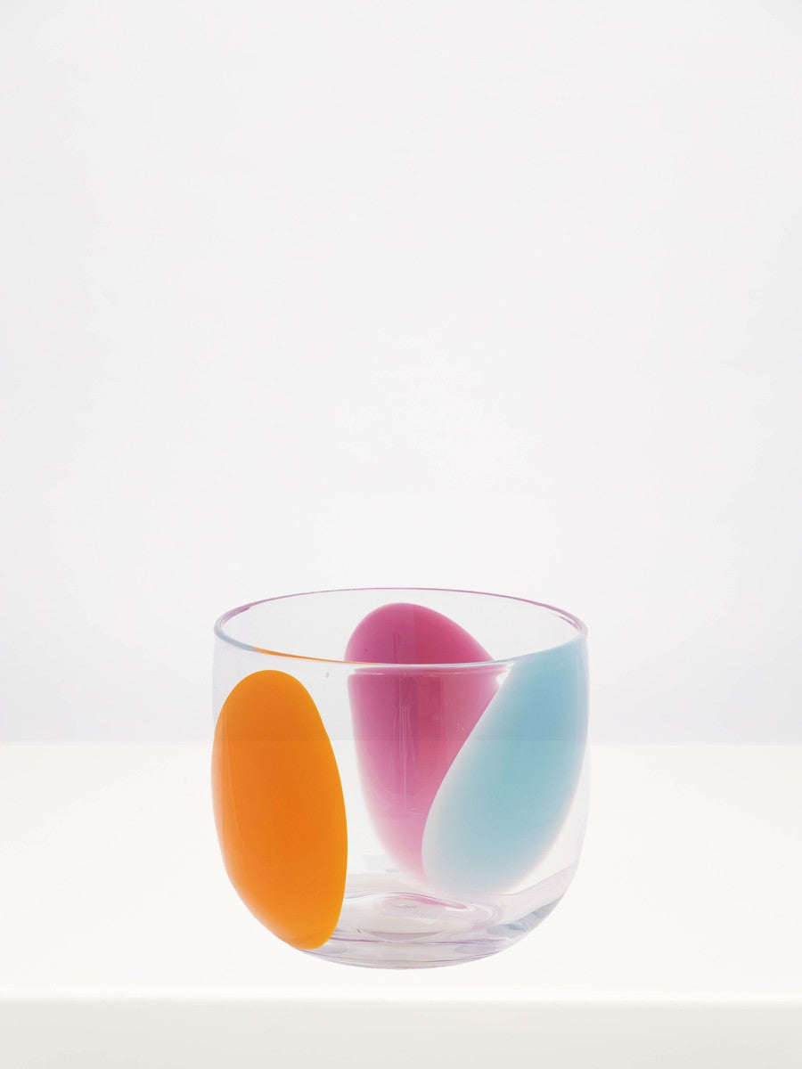 Fidrio - Orange, Pink, Aqua - 17cm on a white table against a soft grey wall