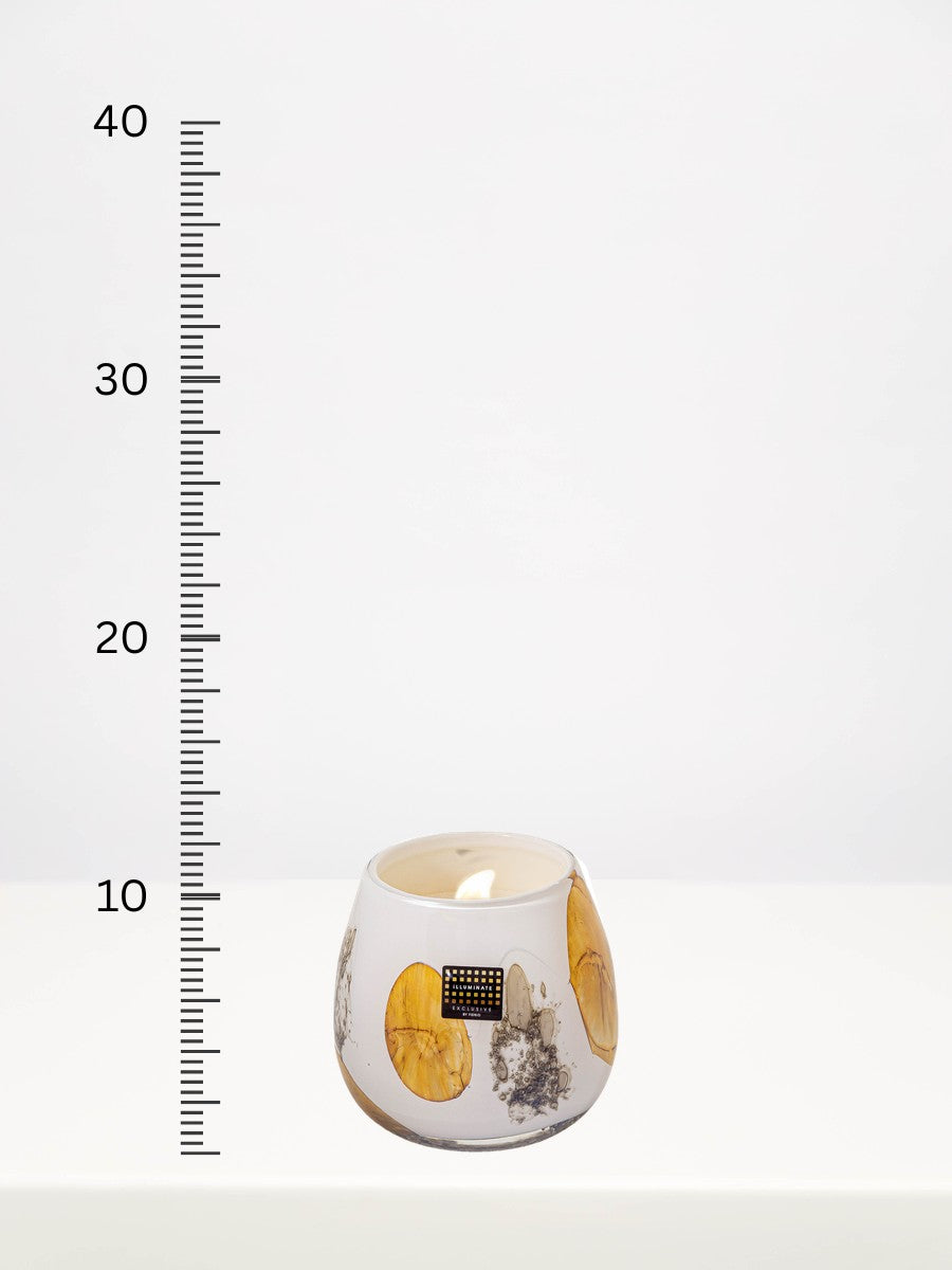 Fidrio - Vulcany Serene Symphony Candle - Medium next to a centimetre ruler showing its height