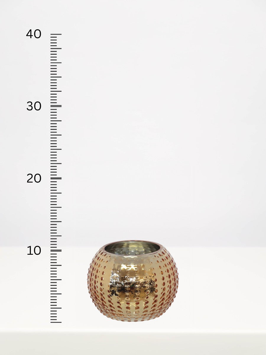 Gold Sea Urchin Ball Vase - 11cm next to a centimetre ruler showing its height
