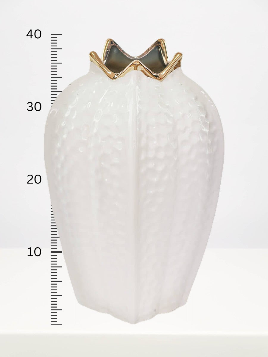 Gold & White Pomegranate Vase - 38cm next to a centimetre ruler showing its height