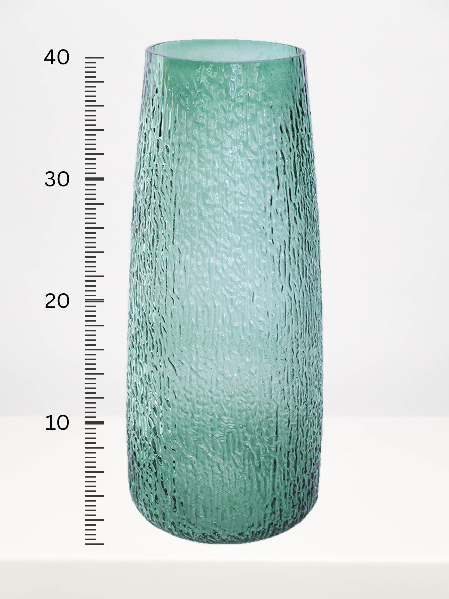Green Rain Vase - 40cm next to a centimetre ruler showing its height