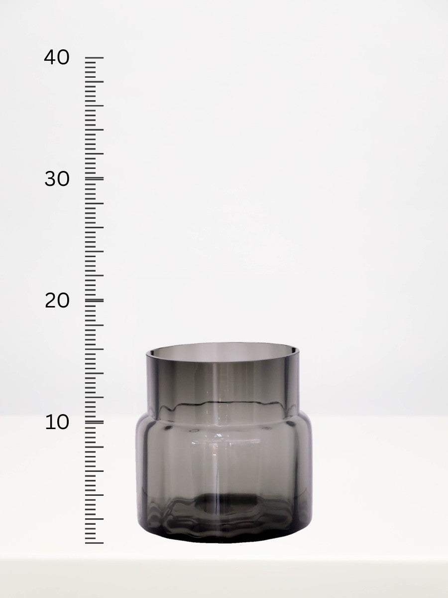 Grey Optic Line Vase - 16cm next to a centimetre ruler showing its height