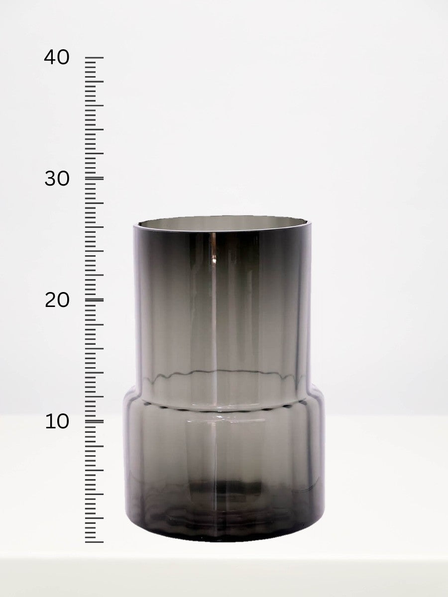 Grey Optic Line Vase - 26cm next to a centimetre ruler showing its height
