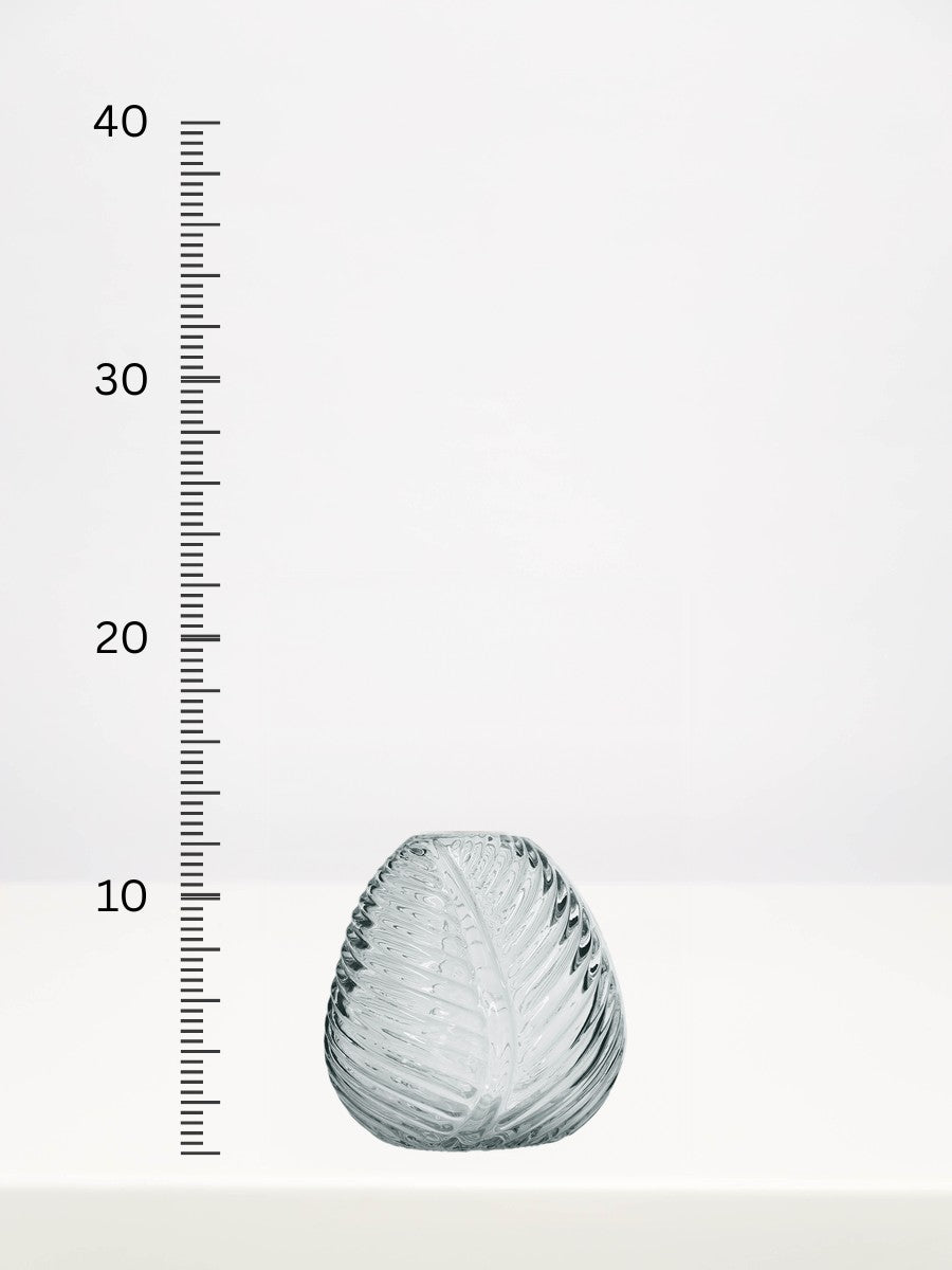 Leaf Bud Vase - 12cm next to a centimetre ruler showing its height