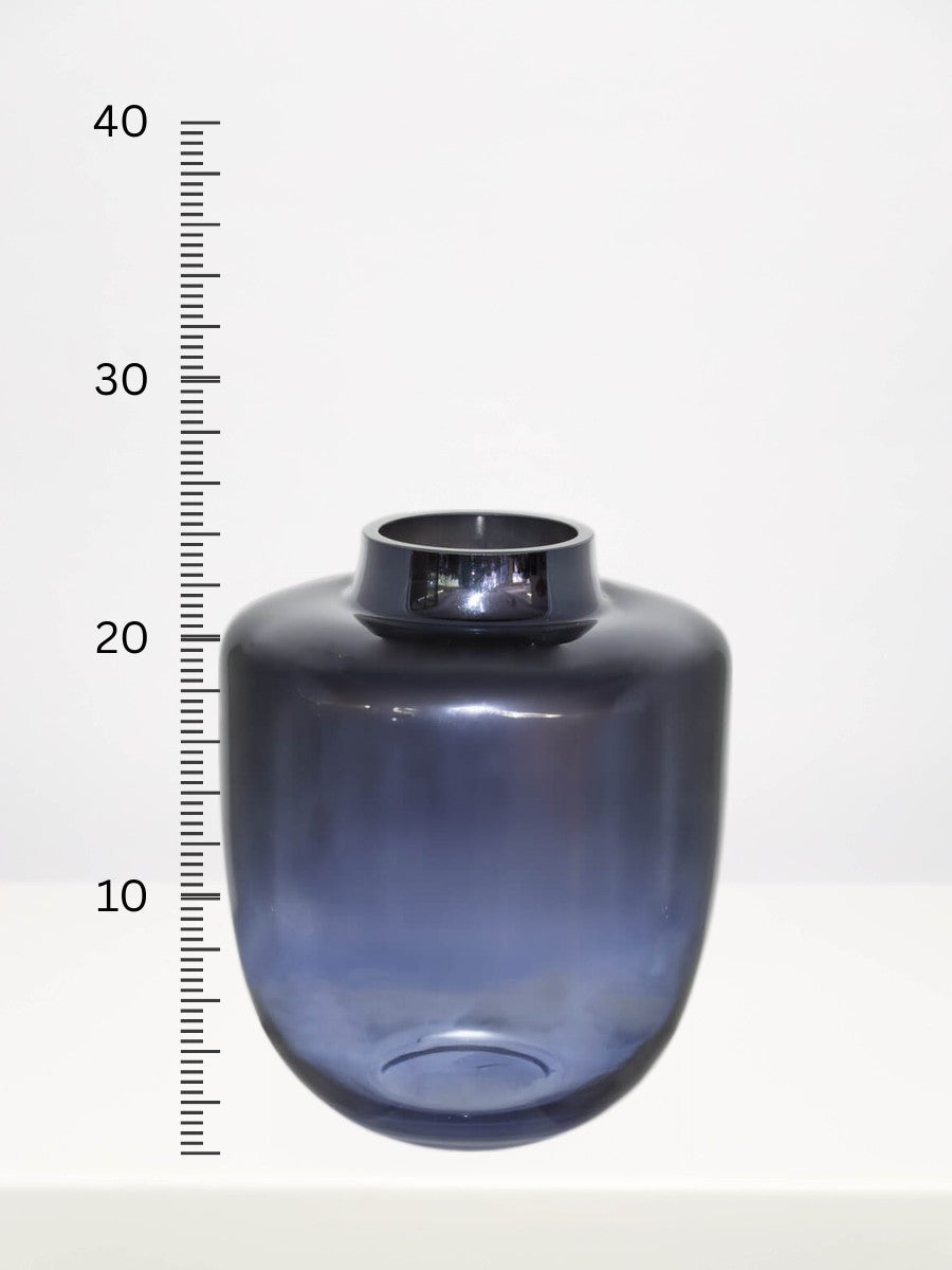 Midnight Blue Urn Vase - 24cm next to a centimetre ruler showing its height