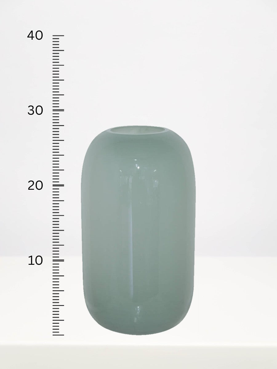 Sage Green Vase - 27cm next to a centimetre ruler showing its height