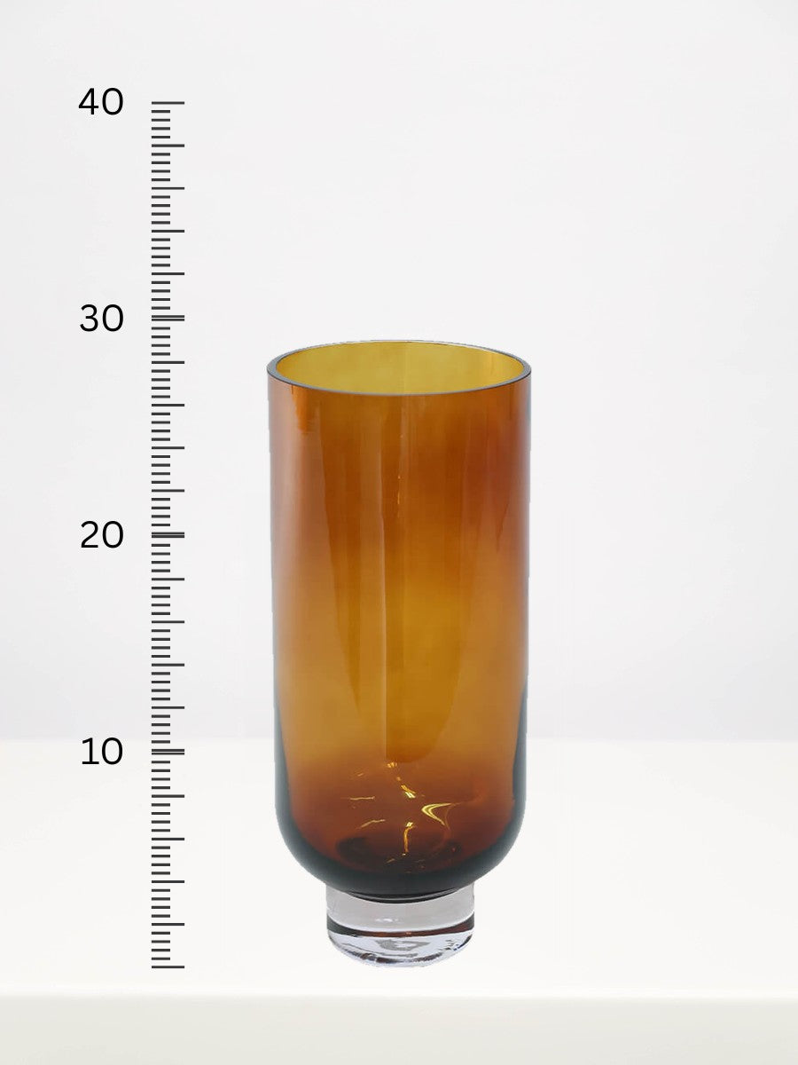 Soho Amber Vase - 28cm next to a centimetre ruler showing its height