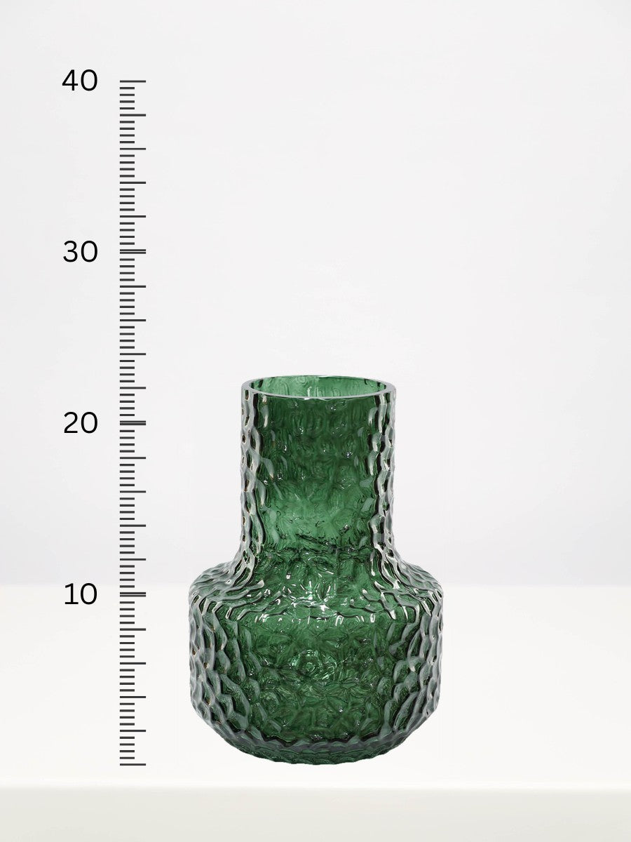 Textured Green Vase - 22cm next to a centimetre ruler showing its height