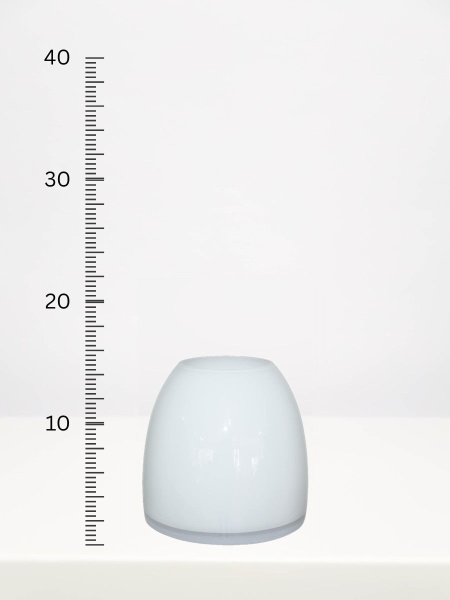 White Squat Vase - 15cm next to a centimetre ruler showing its height